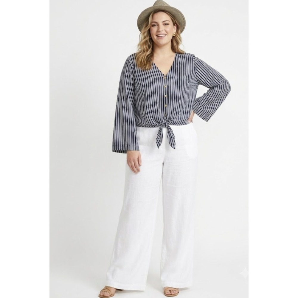 Michael‎ Kors Tie Front Blouse XL Striped Button V-Neck Long Sleeve Vacation